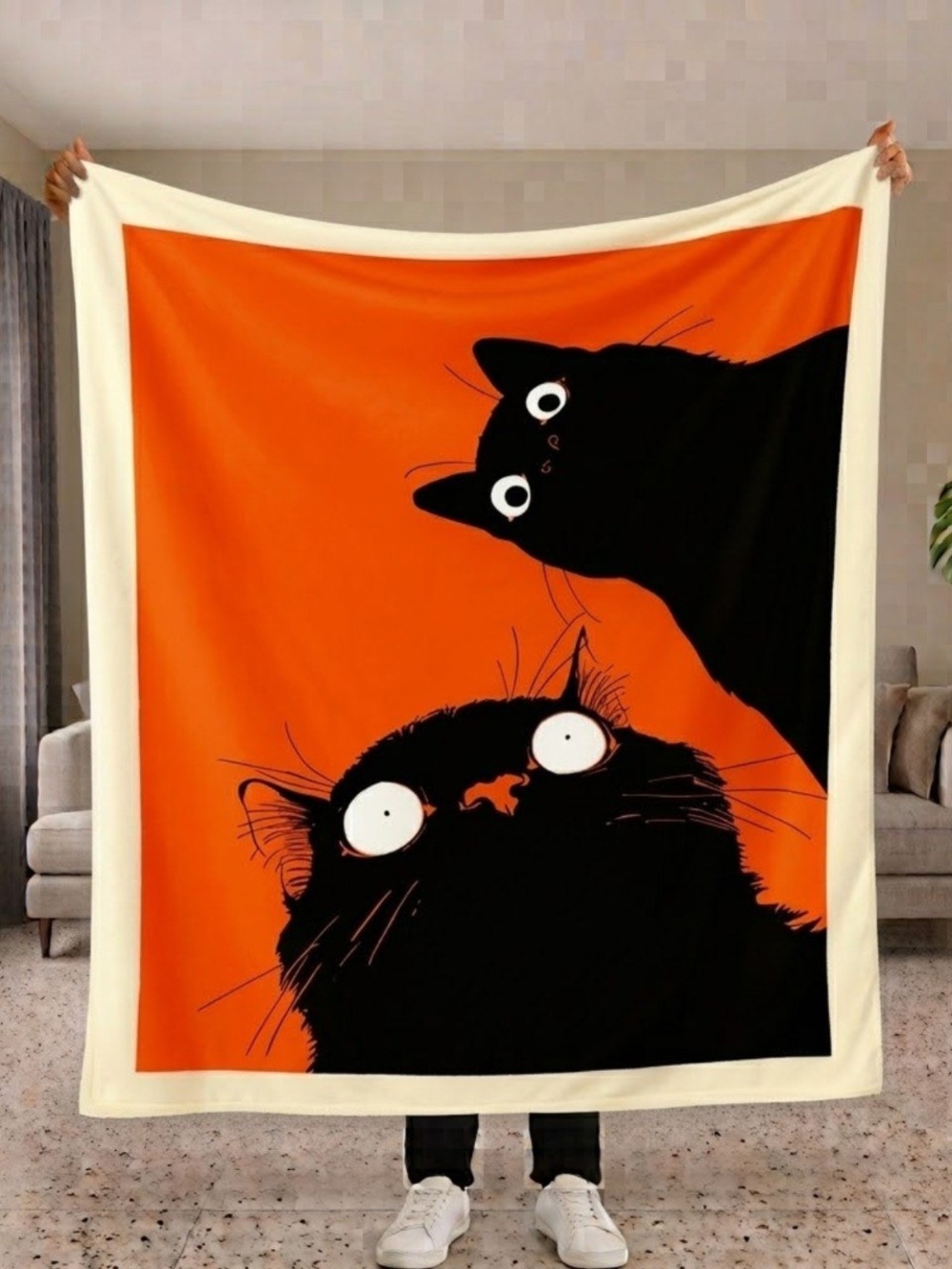 Plush Orange & Black Cat Print Pet Blanket - Cozy Throw